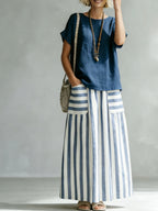 Cozy Classic Striped Cotton-linen Two-piece Set