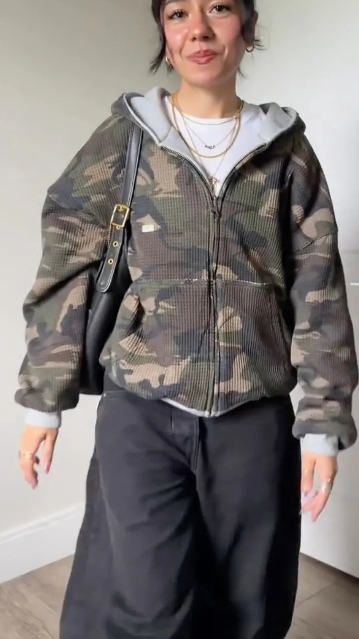 Camo Waffle Knit Zip Up Cropped Hooded Jacket