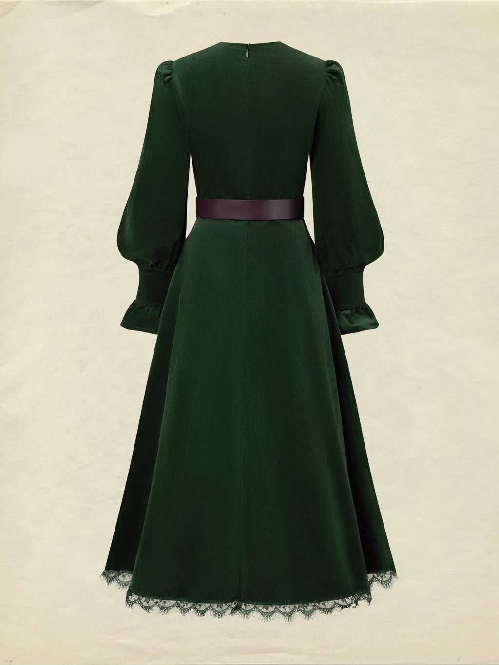 Midi Cotton Dress, Long Sleeves, V Neck, Plain, Lace, Vintage, Green