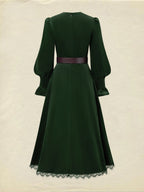 Midi Cotton Dress, Long Sleeves, V Neck, Plain, Lace, Vintage, Green