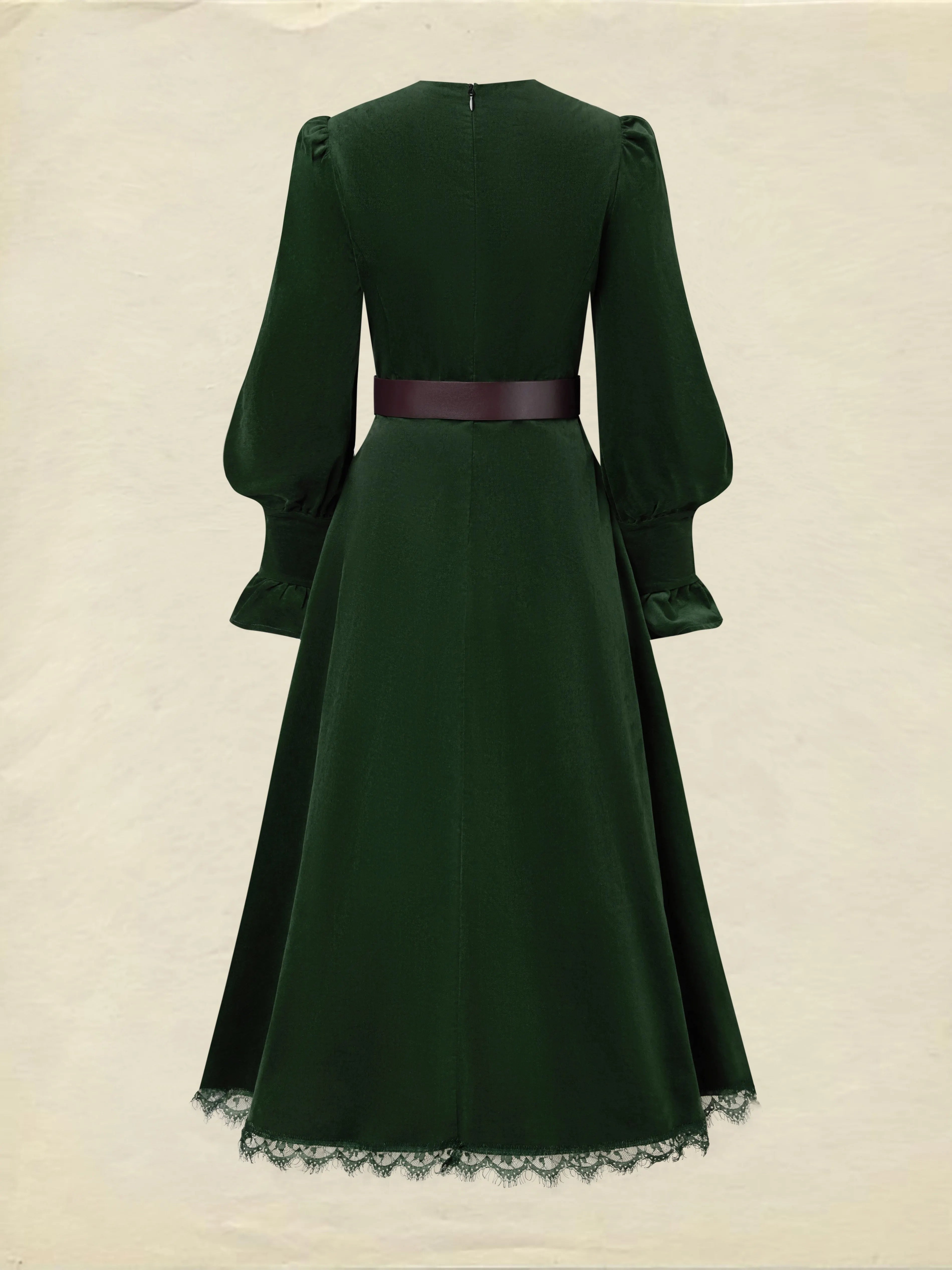 Midi Cotton Dress, Long Sleeves, V Neck, Plain, Lace, Vintage, Green
