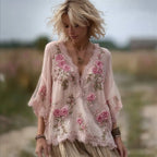 Boho Pink Roses Lace Trim Flare Flowy Linen Tunic