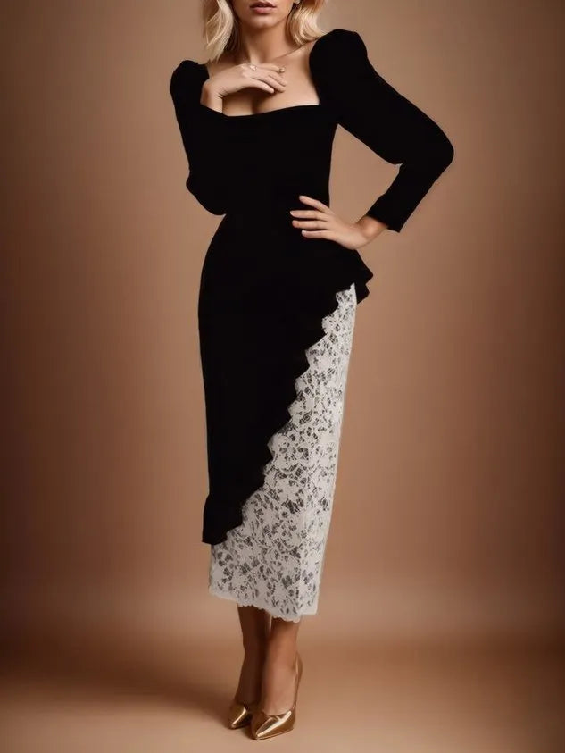 Black Lace Ruffled Velvet Square Neck Long Sleeve Sheath Midi Dress