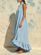 Light Blue Chambray Halter Neck Ruffle Hem Maxi Dress