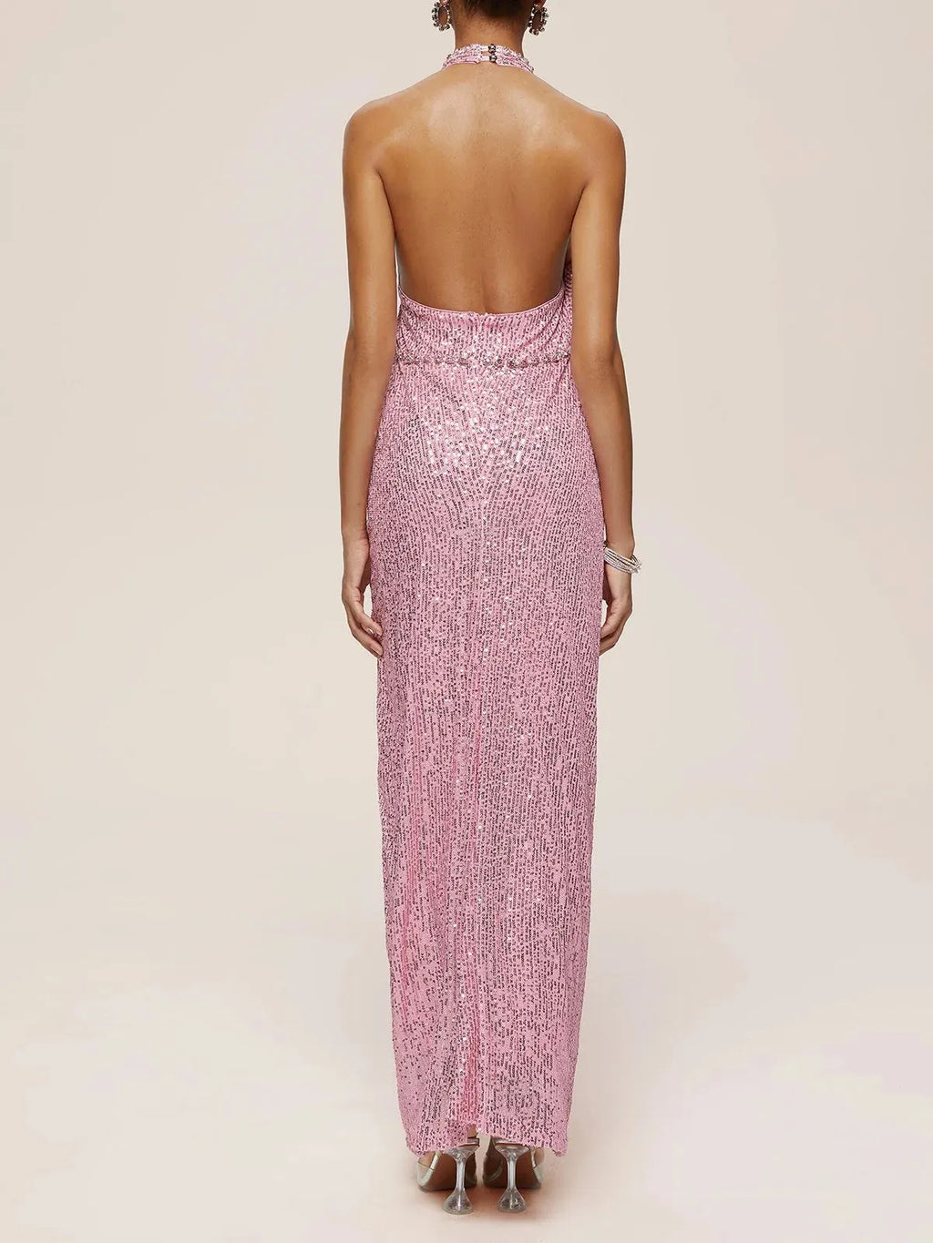 Pink Sequin Rhinestone Halter Sleeveless Sheath Maxi Dress