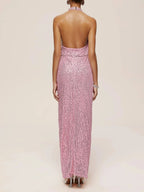 Pink Sequin Rhinestone Halter Sleeveless Sheath Maxi Dress