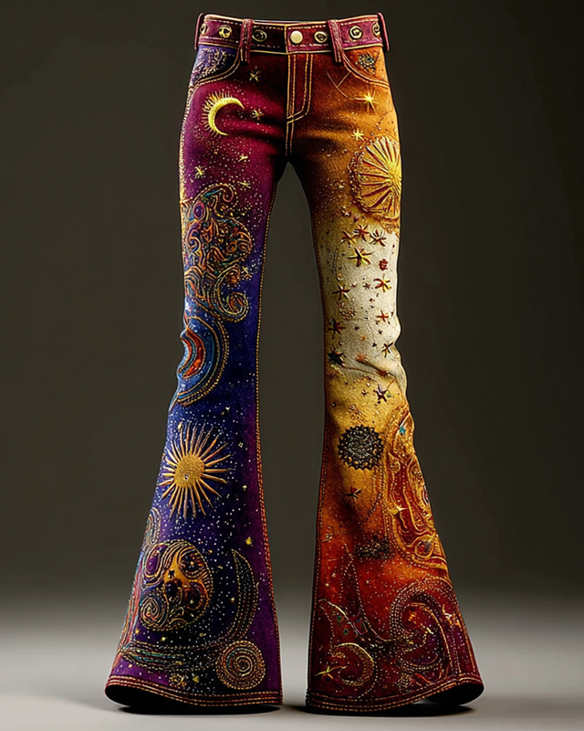 Women's star and moon embroidered tie-dye gradient flared pants 601c