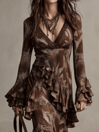 Vintage Brown Flounce Long Sleeve Gown Maxi Dress