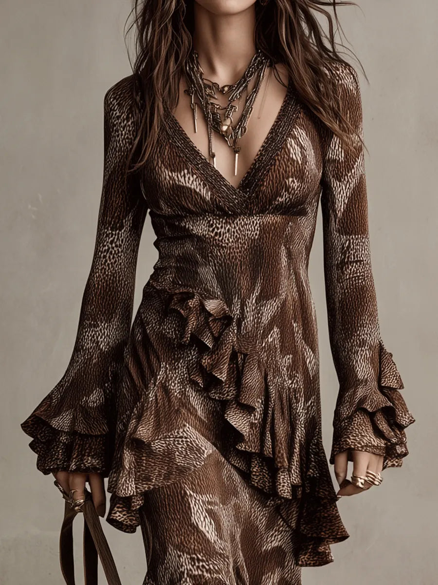 Vintage Brown Flounce Long Sleeve Gown Maxi Dress