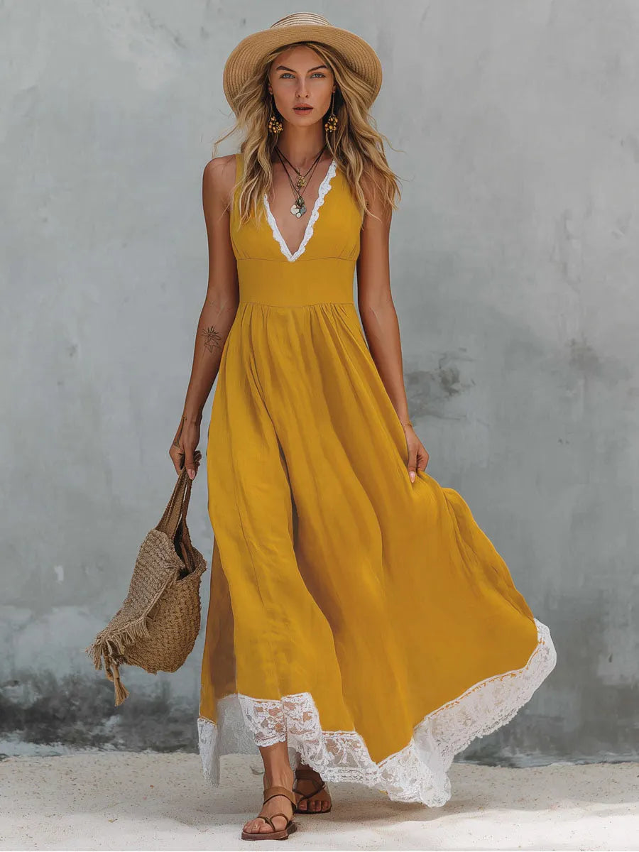 Color-blocked V-neck Lace-trimmed Cotton And Linen Sleeveless Maxi Dress