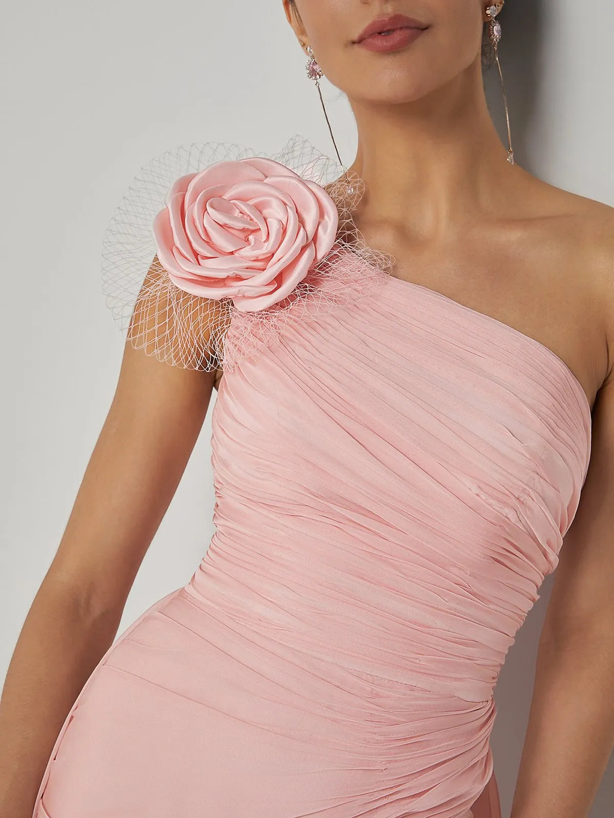 Pink Chiffon Removable 3D Floral Ruched Slit One Shoulder Sleeveless Sheath Gown Dress