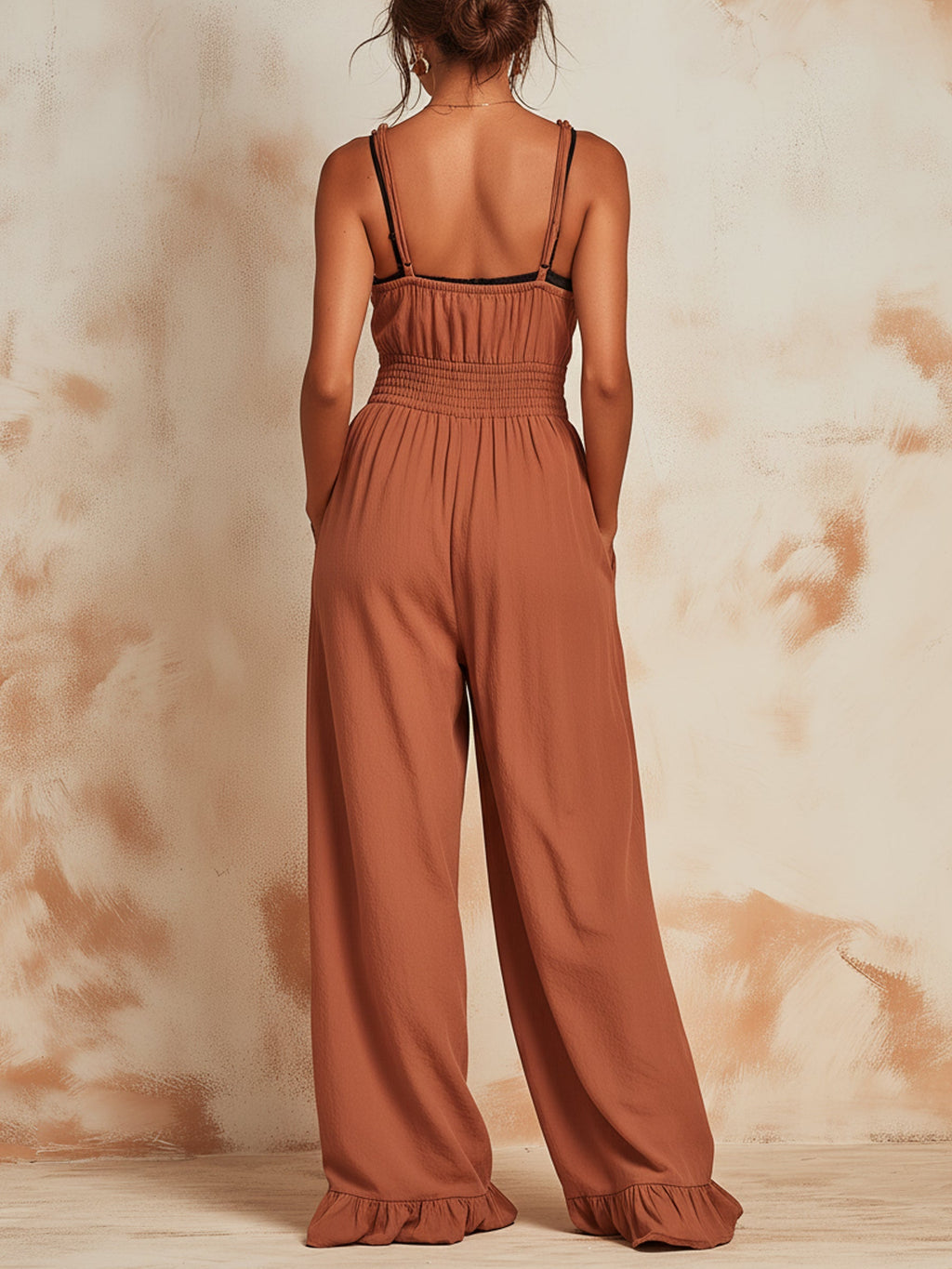 Smocked Waist Ruffle Hem Wide-Leg Jumpsuit