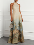 Light Khaki Floral Classic Halter Sleeveless A-Line Floor-length Gown Dress