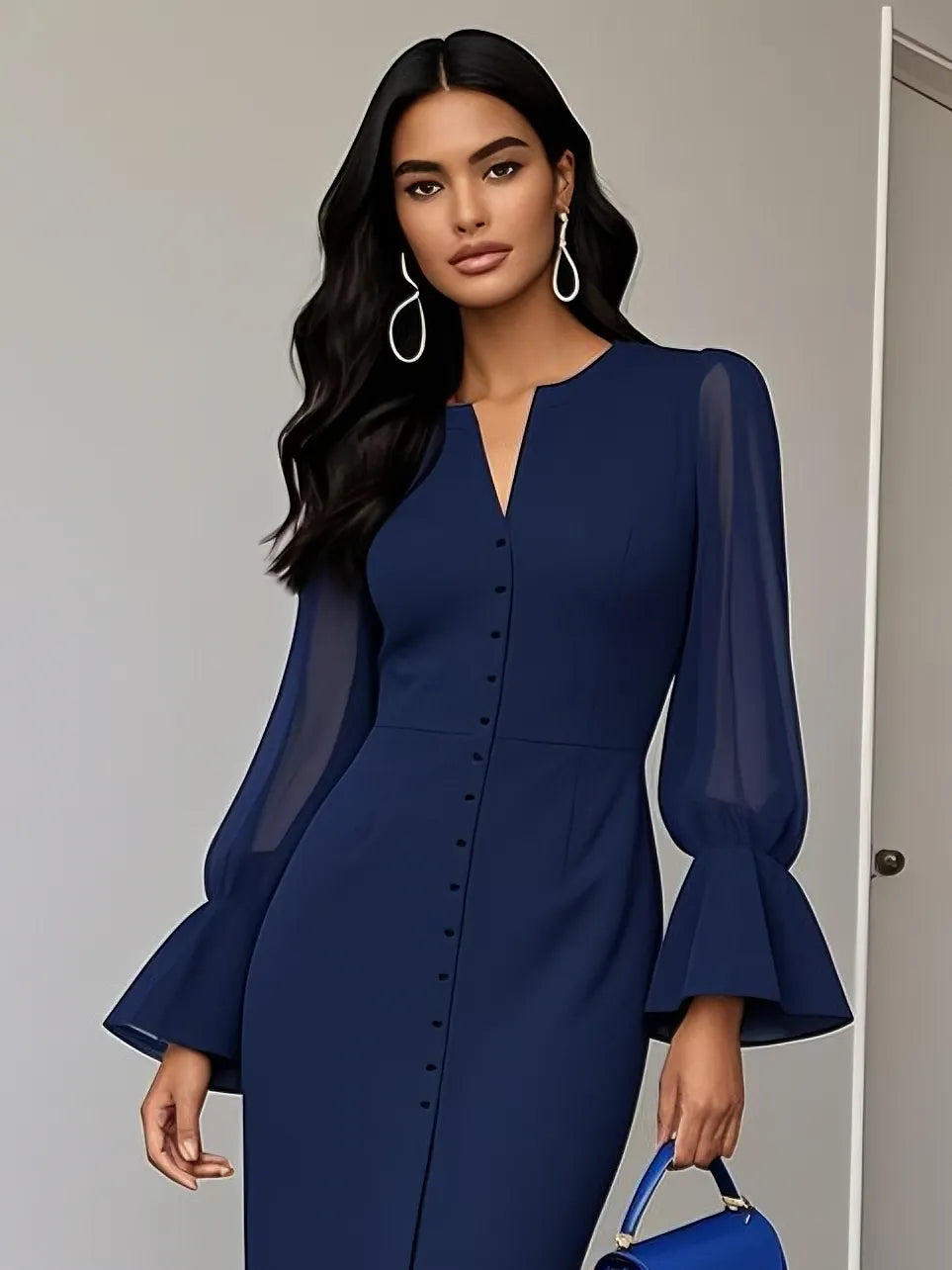 Purplish Blue Buckle Classic V Neck Long Sleeve Bell Sleeve Mermaid Midi Dress