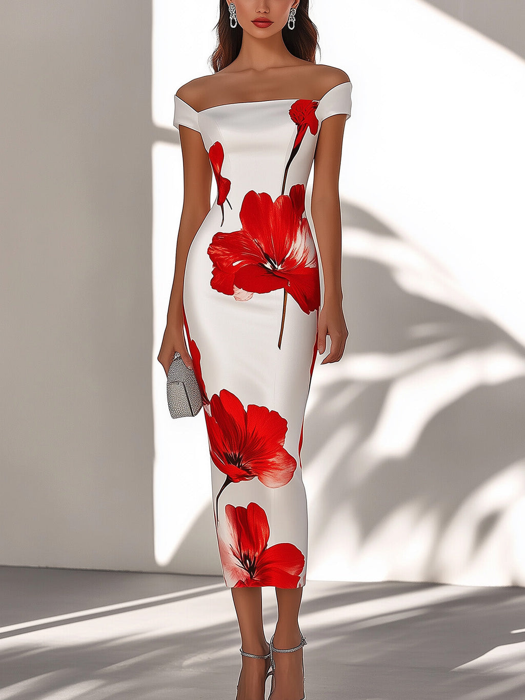 Elegant White Satin Dress with Red Floral Print