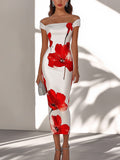 Elegant White Satin Dress with Red Floral Print
