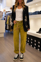 Embroidered Blazer Mustard Washed Denim Pants Outfit