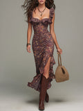 Retro Ruffled High-Slit Floral Maxi Dress