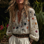 Women's Floral And Star Moon Embroidered Linen V-neck T-shirt