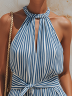 Blue & White Striped Denim Halter Neck Wide-Leg Jumpsuit