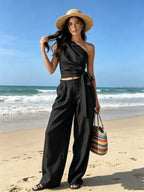 Black Linen-Blend One-Shoulder Bow Top & Wide-Leg Pants Two-Piece Set