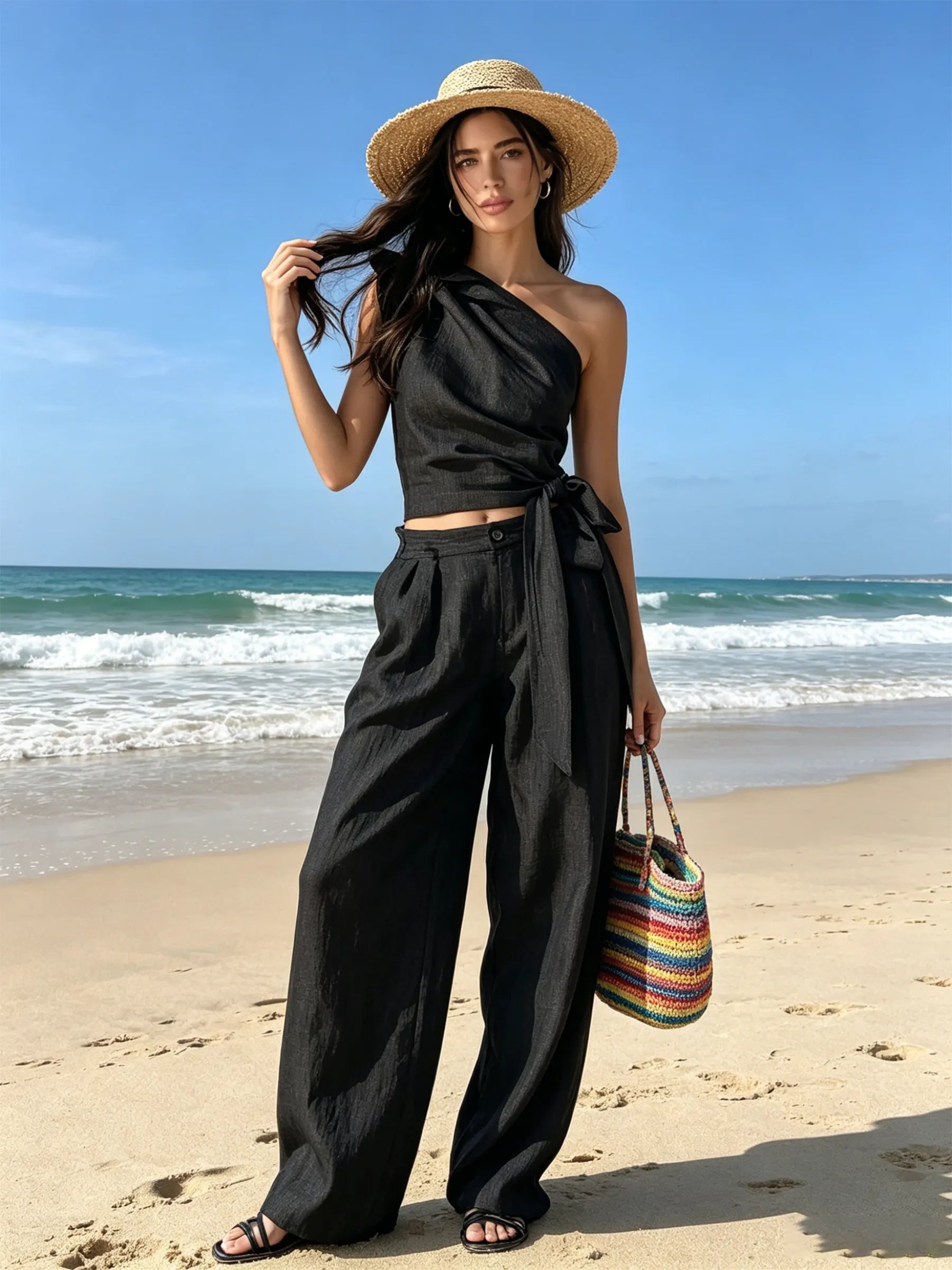 Black Linen-Blend One-Shoulder Bow Top & Wide-Leg Pants Two-Piece Set