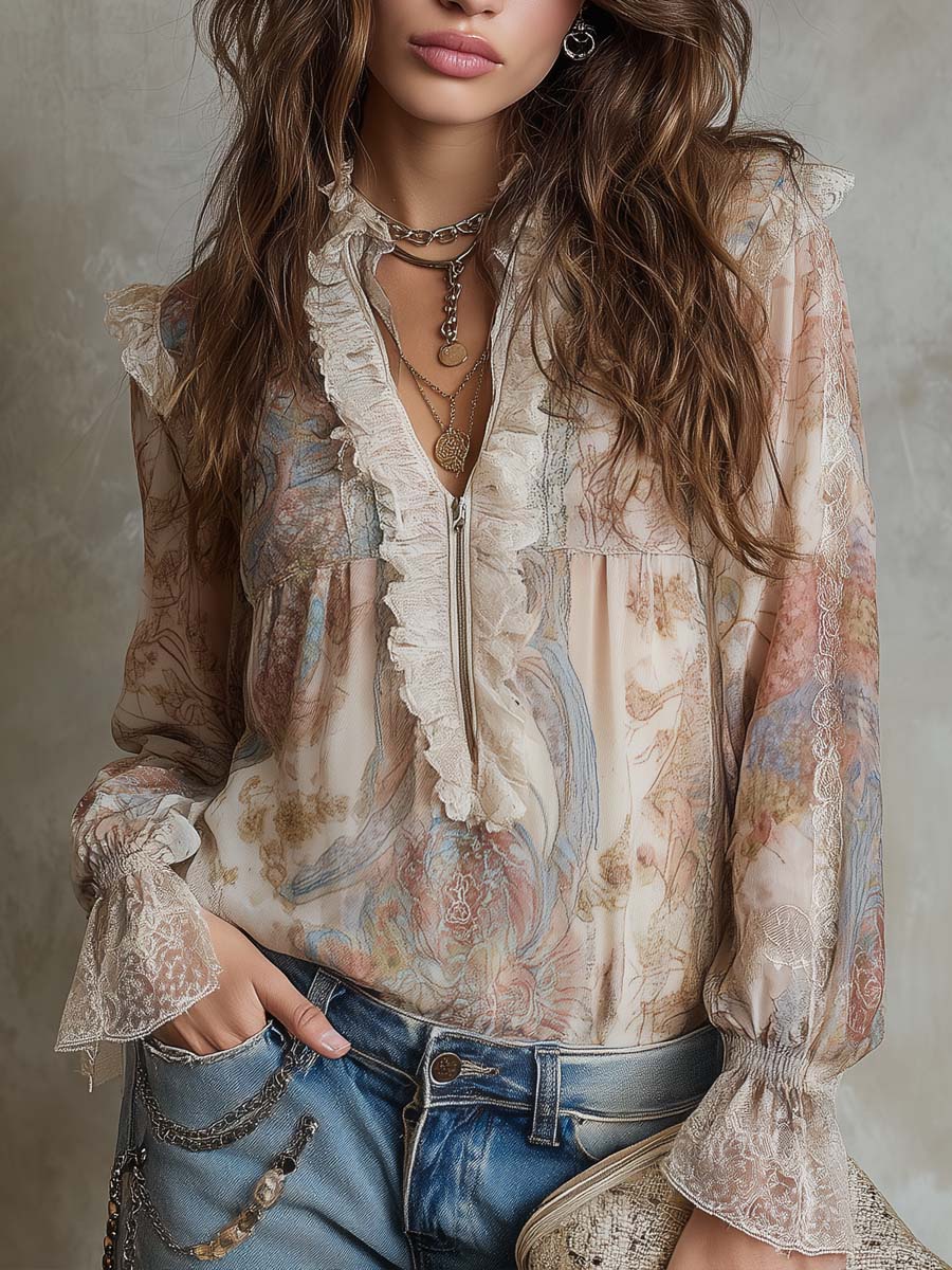 Vintage Zippered Ruffled Collar Floral Chiffon Fabric Blouse