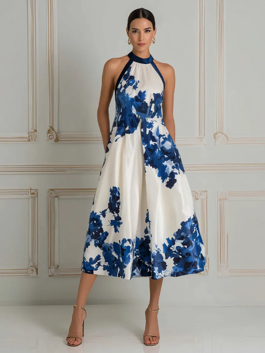 Elegant Floral Halter A-Line  Midi Dress