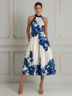 Elegant Floral Halter A-Line  Midi Dress