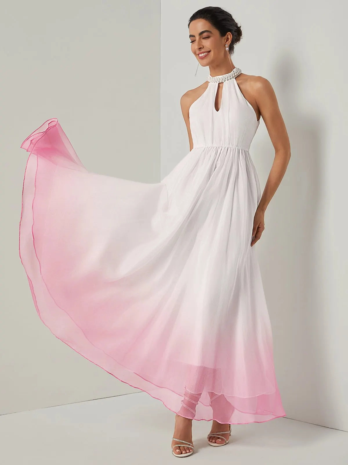 White Pink Chiffon Halter Ombre Imitation Pearl Cut Out Sleeveless A-Line Mock Neck Maxi Dress