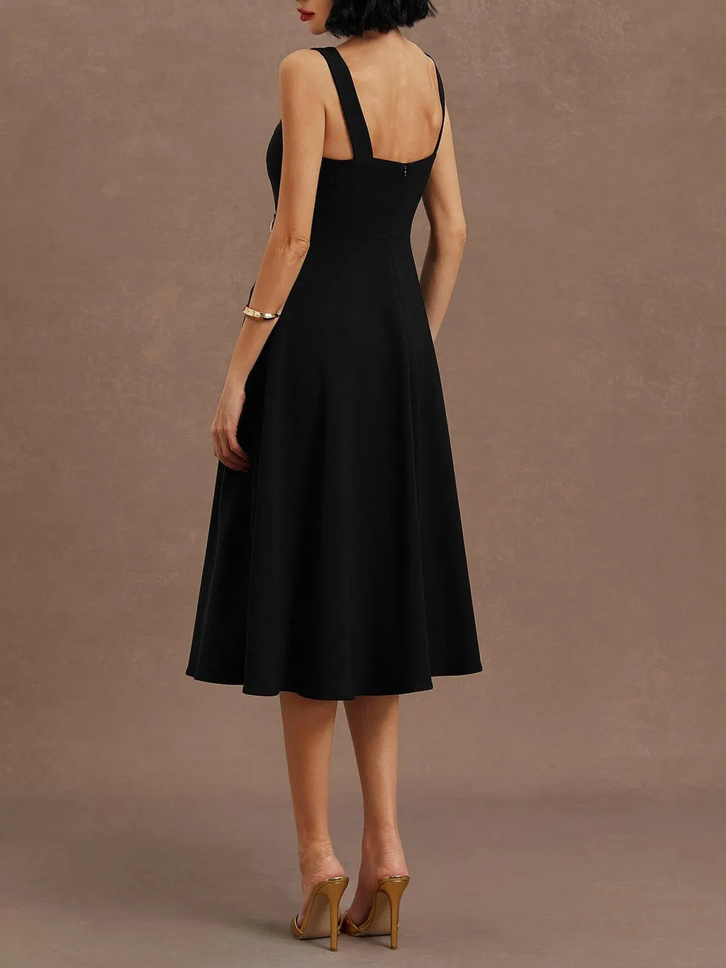 Black Buckle Notched Sleeveless A-Line Midi Dress With Pockets