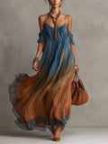 Blue Gradient Chiffon Maxi Dress With Lace Trim