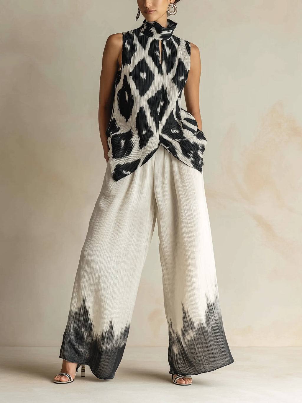 Black & White Ikat Print Pleated Sleeveless Top & Dip-Dye Wide-Leg Pants Set