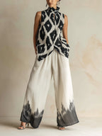 Black & White Ikat Print Pleated Sleeveless Top & Dip-Dye Wide-Leg Pants Set