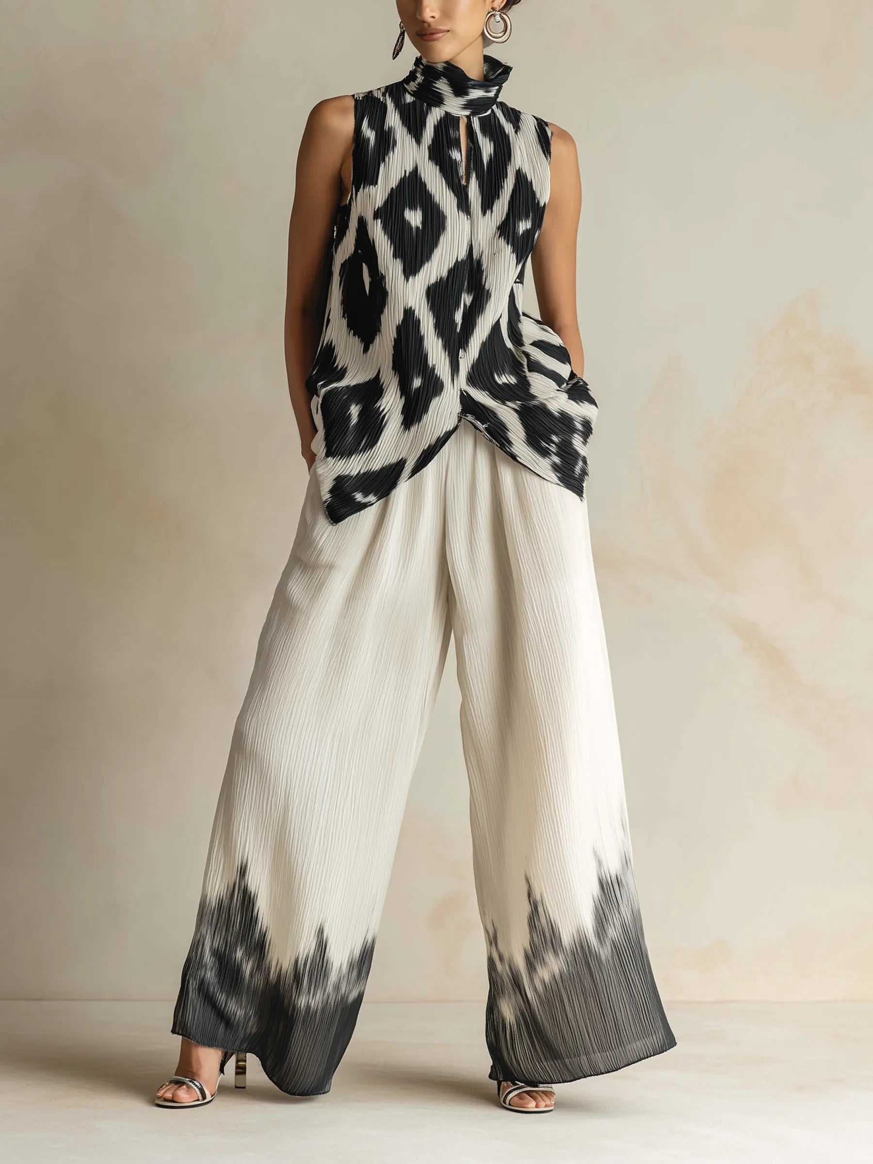 Black & White Ikat Print Pleated Sleeveless Top & Dip-Dye Wide-Leg Pants Set