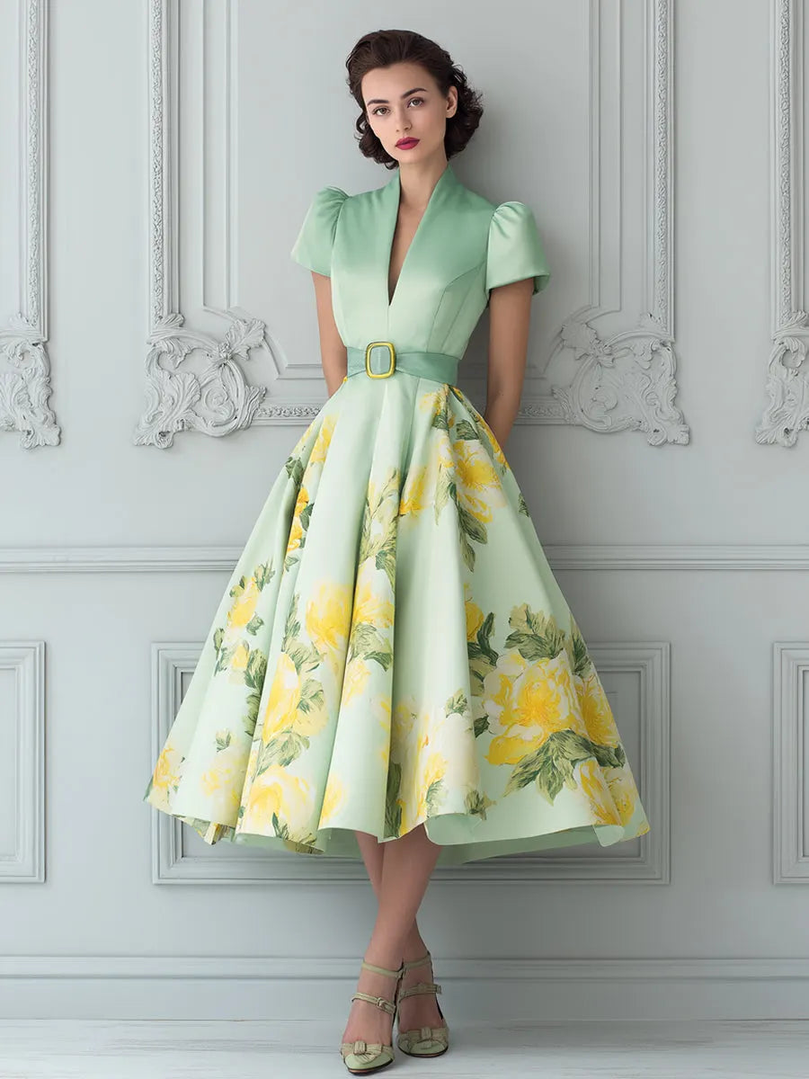 Green Floral Midi A-Line Dress With Belt And Puff Sleeves