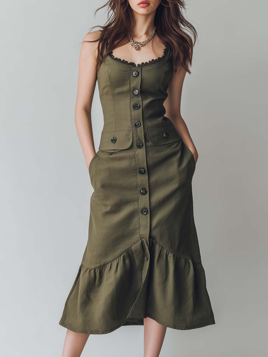 Vintage Lace-neck Button-down Cotton And Linen Midi Dress