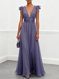 Deep Purple Ruffled Chiffon V Neck Sleeveless A-Line Gown Dress