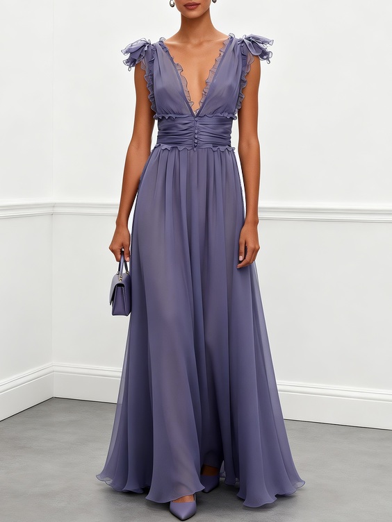 Deep Purple Ruffled Chiffon V Neck Sleeveless A-Line Gown Dress