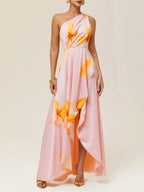 Pink Asymmetric Floral Classic One Shoulder Sleeveless A-Line Maxi Dress