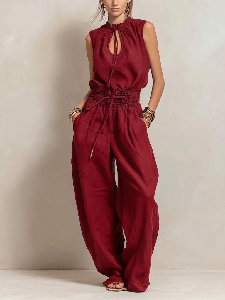 Casual Linen And Cotton Sleeveless Tie-waist Jumpsuit