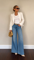 White Tweed Blazer & Wide‐Leg Denim Outfit