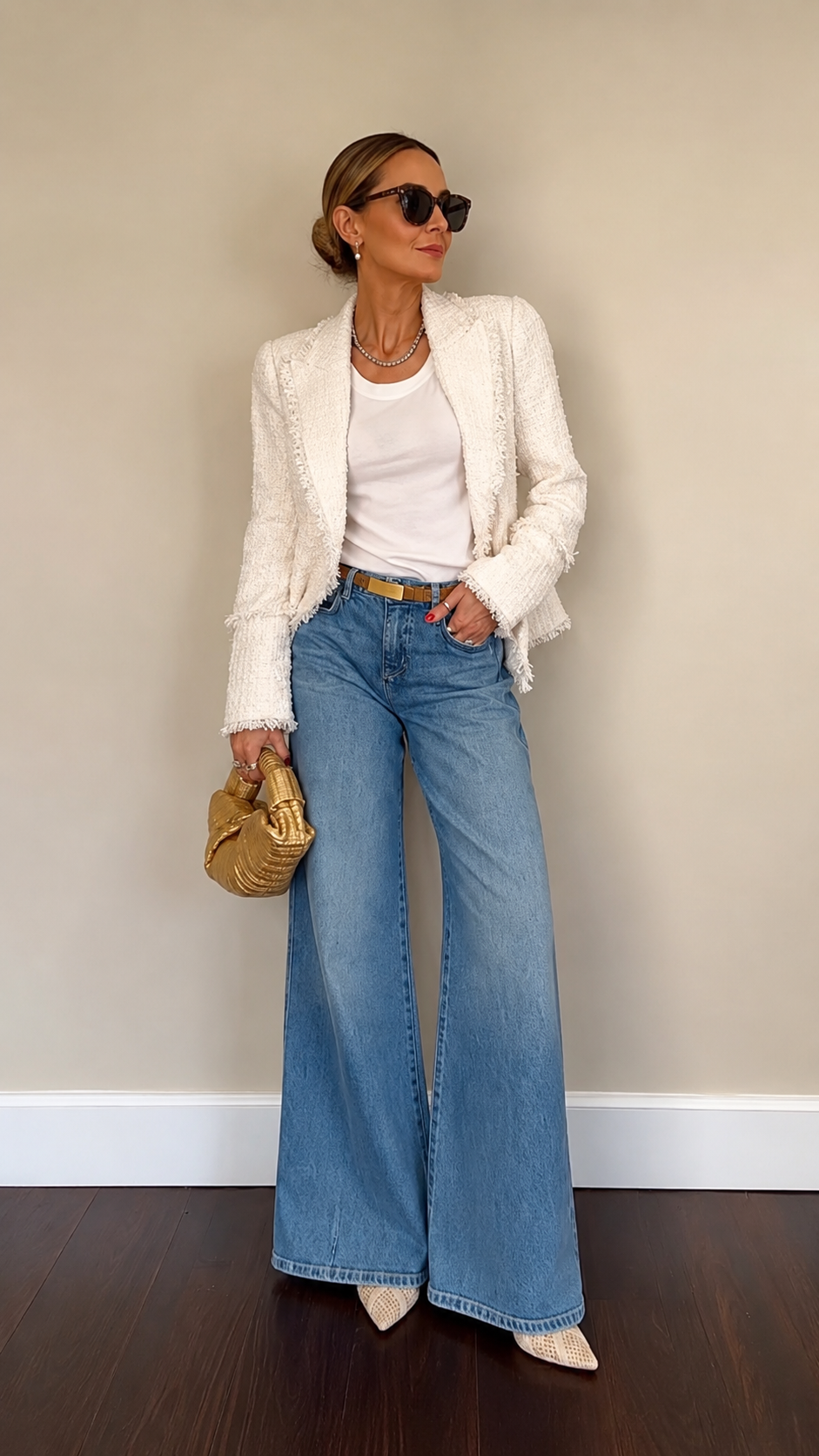 White Tweed Blazer & Wide‐Leg Denim Outfit