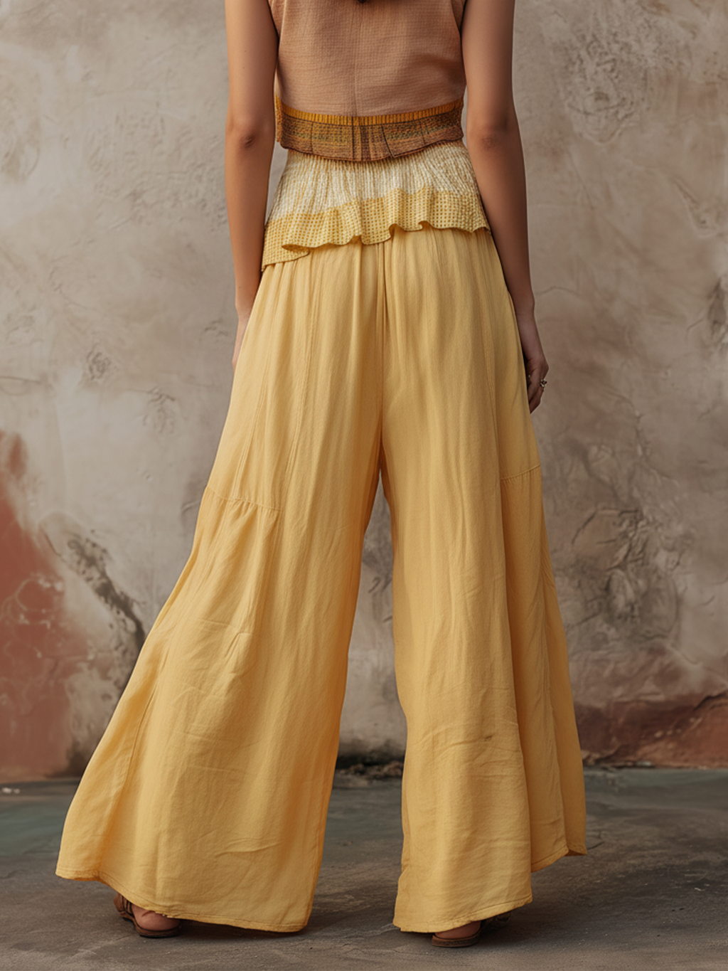 Yellow High Waist Ruffle Trim Wide Leg Pants