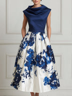Elegant Floral Satin A-Line Midi Dress