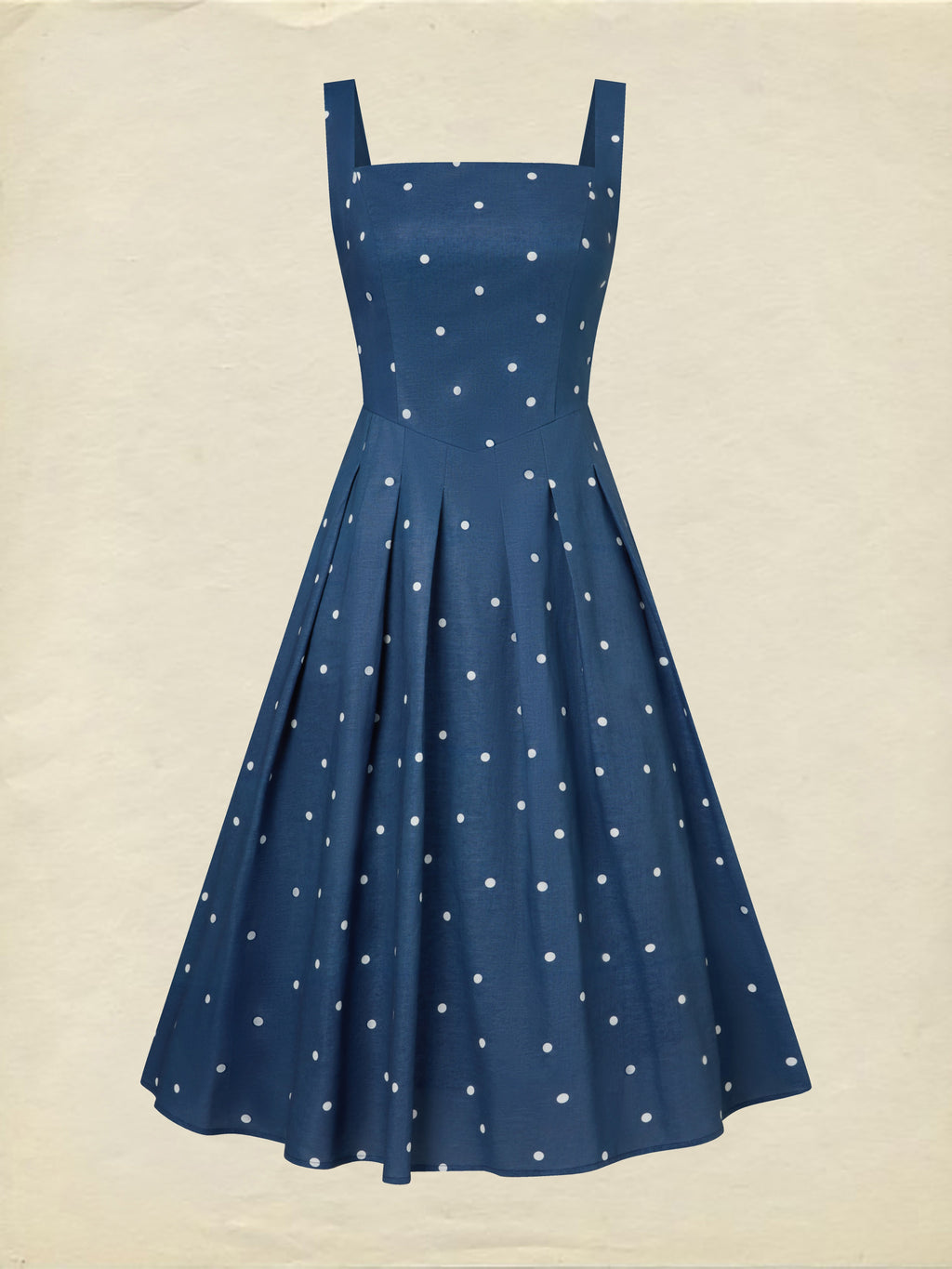 Midi Cotton Dress, Sleeveless, Square Neck, Polka Dots, Pocket Design, French Vintage, Deep Blue
