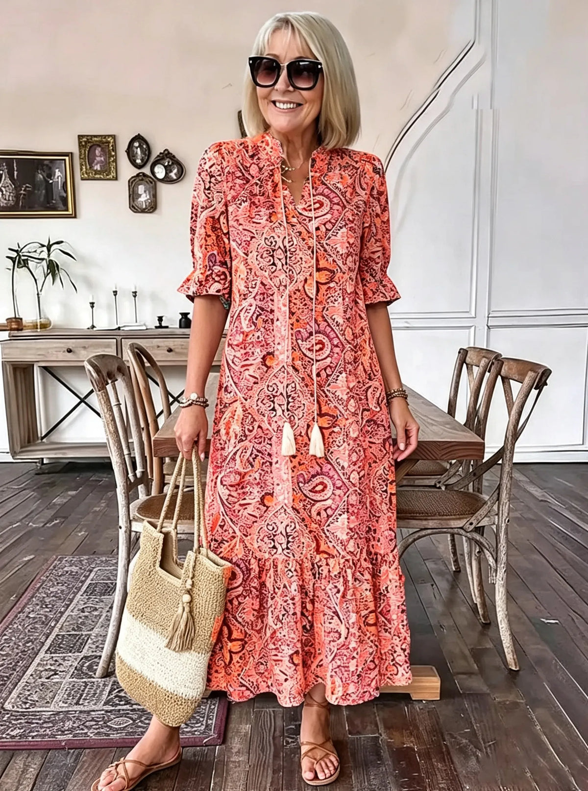 Vacation DRESS Paisley Bohemian Long Length Vintage Print Tassel Tie Neck Tunic Dress - Elegant Vacation Style with Drawstring, Ruffle Hem, and Random Printing
