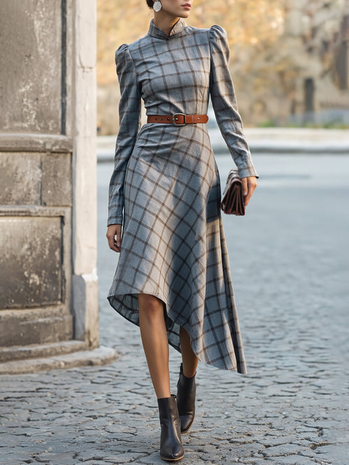 Midi Linen Dress, Long Sleeves, Stand Collar, Plaid, Belt Design, Vintage, Gray