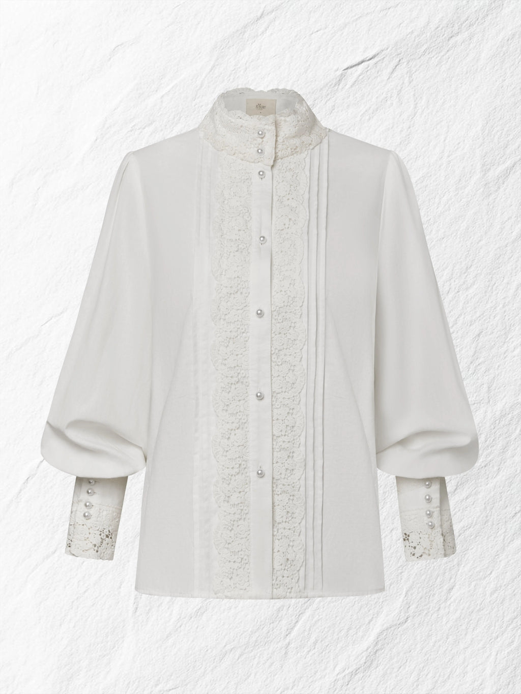 Linen Shirt, Long Sleeves, Stand Collar, Plain, Lace, Vintage, Ivory