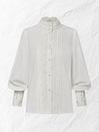 Linen Shirt, Long Sleeves, Stand Collar, Plain, Lace, Vintage, Ivory